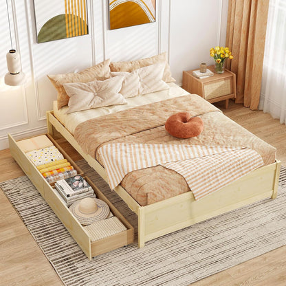 Goflame Queen/Full/Twin Size Bed Frame with 2 Storage Drawers, Solid Wood Platform Bed with Slats Support