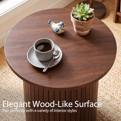 Goflame Round Side Table, Fluted Mid Century Modern Drum End Table | 22.5‘’ Wooden Pedestal Accent Nightstand for Bedroom