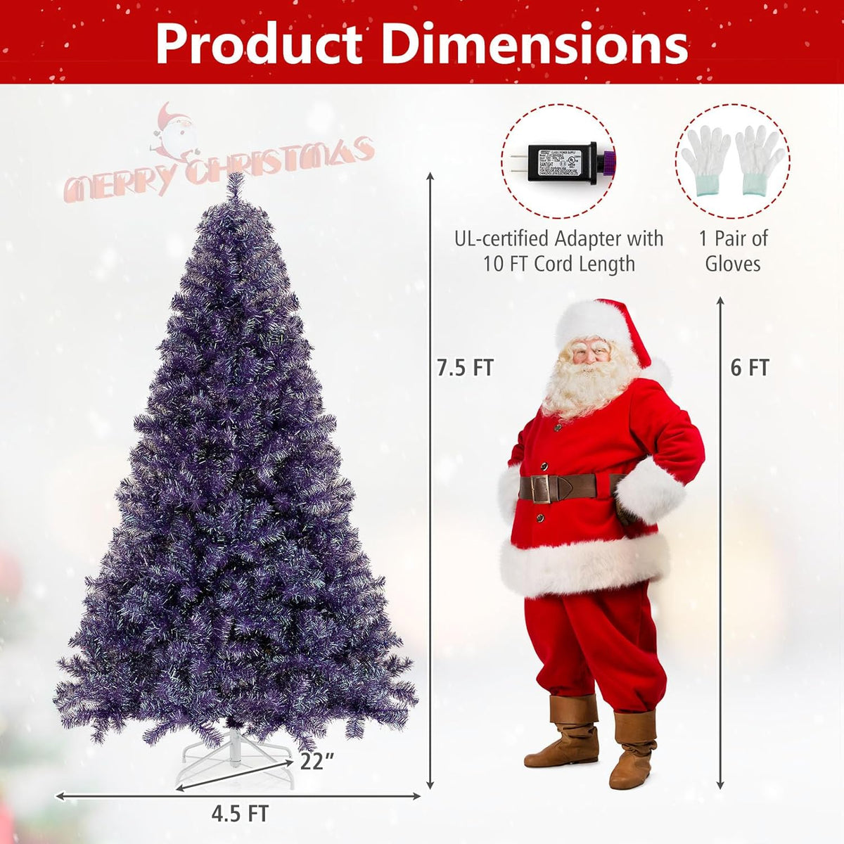 Goflame 6FT / 7.5FT Pre-Lit Tinsel Christmas Tree with Warm White LED Lights