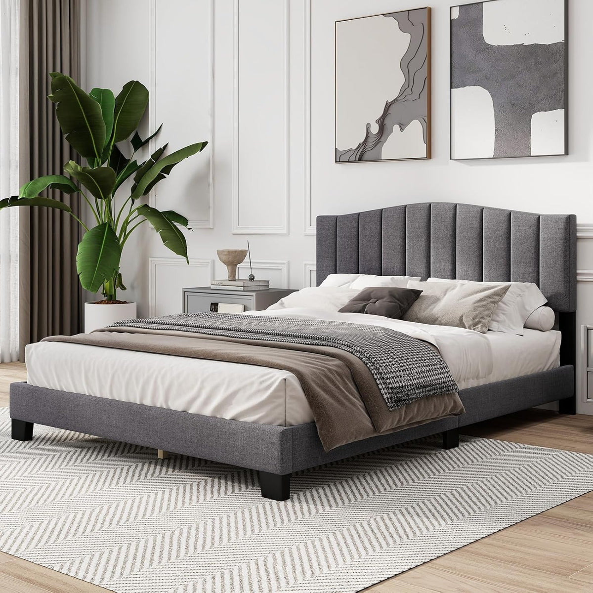 Goflame Queen Bed Framewith Adjustable Arch Tufted Headboard Mattress Foundation