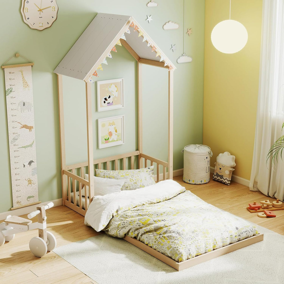 Goflame Twin Size House Bed Montessori Floor Bed with House Shape Roof & Semi-Fence