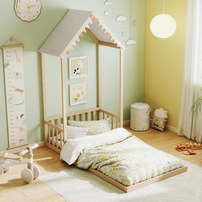 Goflame Twin Size House Bed Montessori Floor Bed with House Shape Roof & Semi-Fence