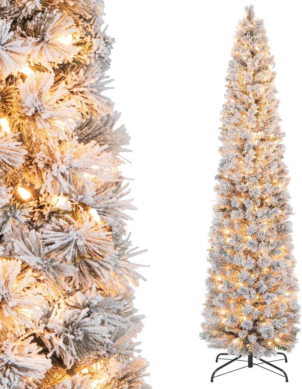 Goflame Pre-Lit Snow Flocked Pencil Christmas Tree for Home Office Holiday Decor