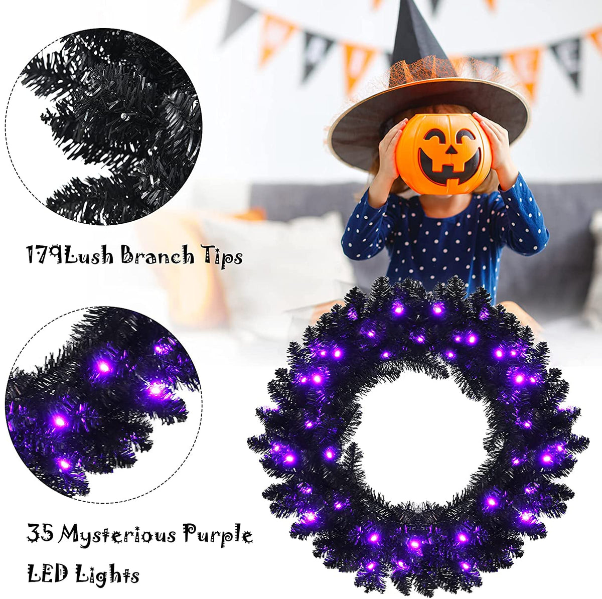 24' Black Halloween Wreath, Pre-lit Artificial Christmas Wreath - GoflameUS