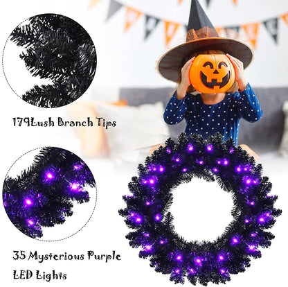 24' Black Halloween Wreath, Pre-lit Artificial Christmas Wreath - GoflameUS