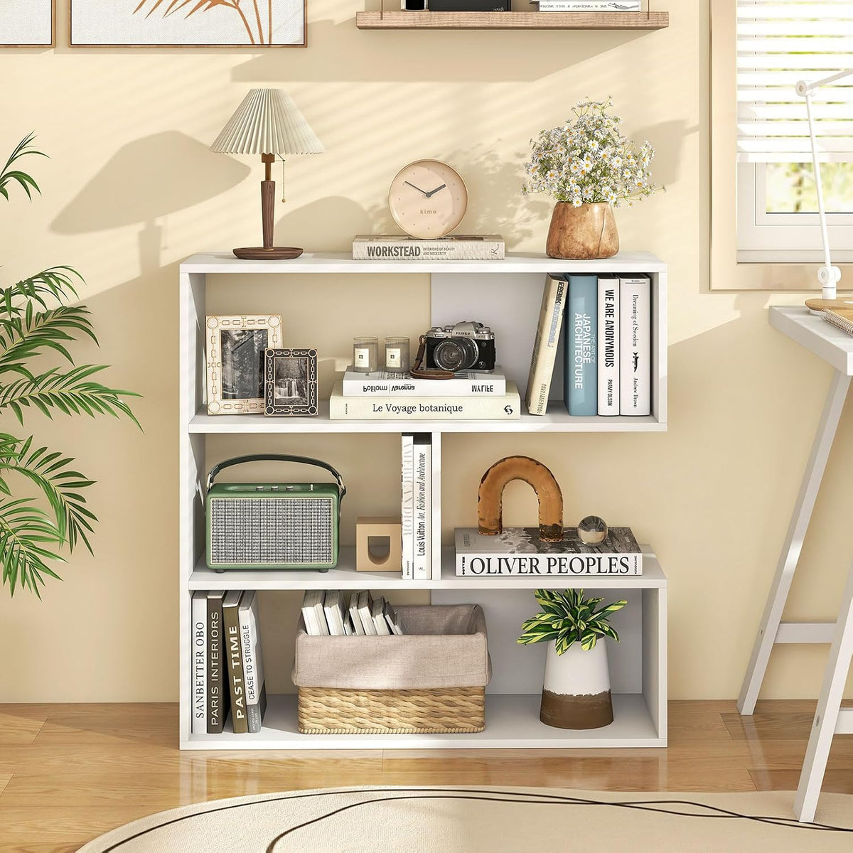Goflame 3-Tier Bookshelf, Wooden Concave Bookcase for Small Space | Modern Freestanding Display Storage Shelves