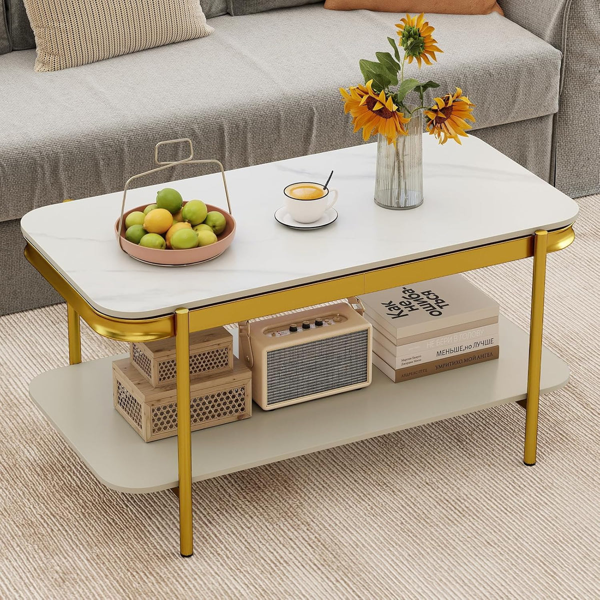 Goflame 2-Tier Coffee Table with Storage Faux Mable Center Table w/Sintered Stone Top