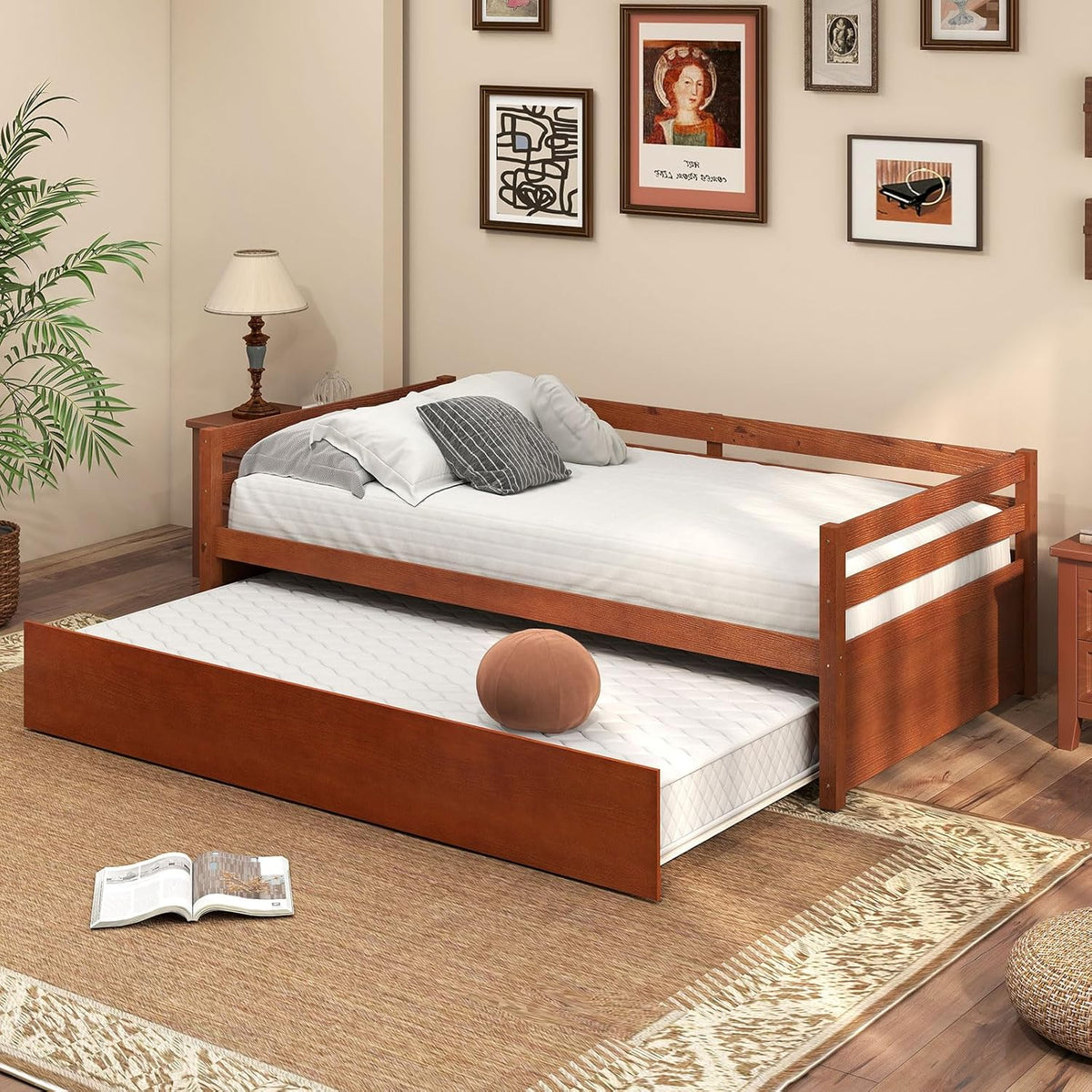 Goflame Wood Daybed with a Trundle, Twin Trundle Daybed with Durable Slat Support