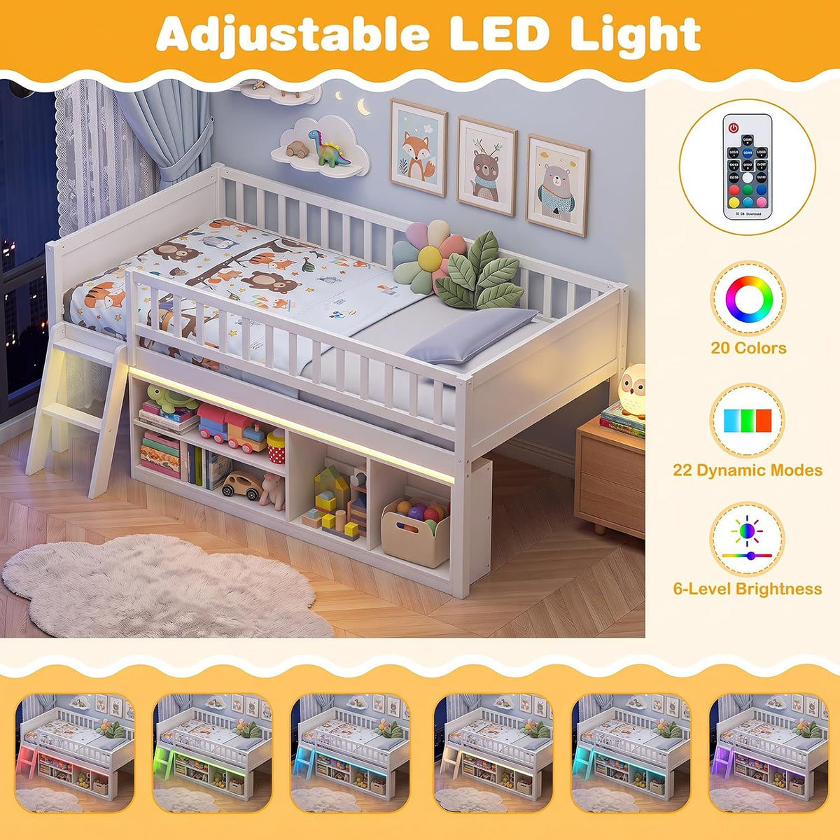 Goflame Low Loft Bed Twin Size with LED Lights