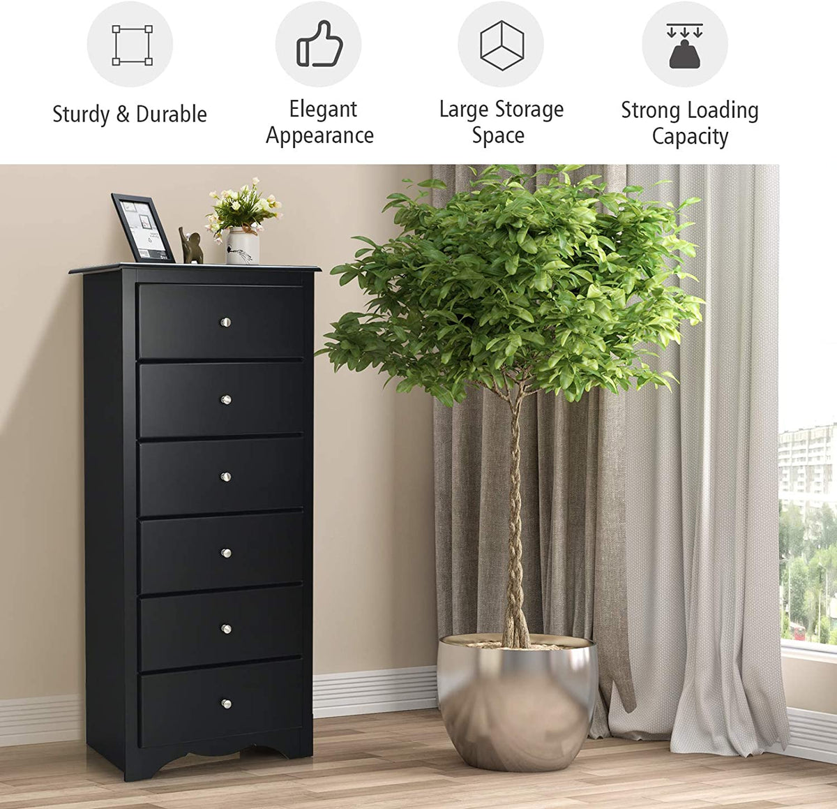 6 Drawer Chest Wooden Dresser Clothes Organizer Bedroom - Goflameus