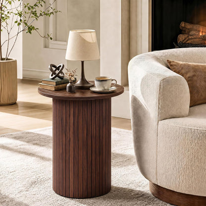 Goflame Round Side Table, Fluted Mid Century Modern Drum End Table | 22.5‘’ Wooden Pedestal Accent Nightstand for Bedroom