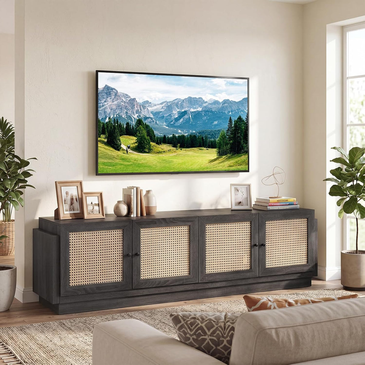Goflame 4-Door PE Ratta TV Stand for TVs up to 75" with 2 Cabinets