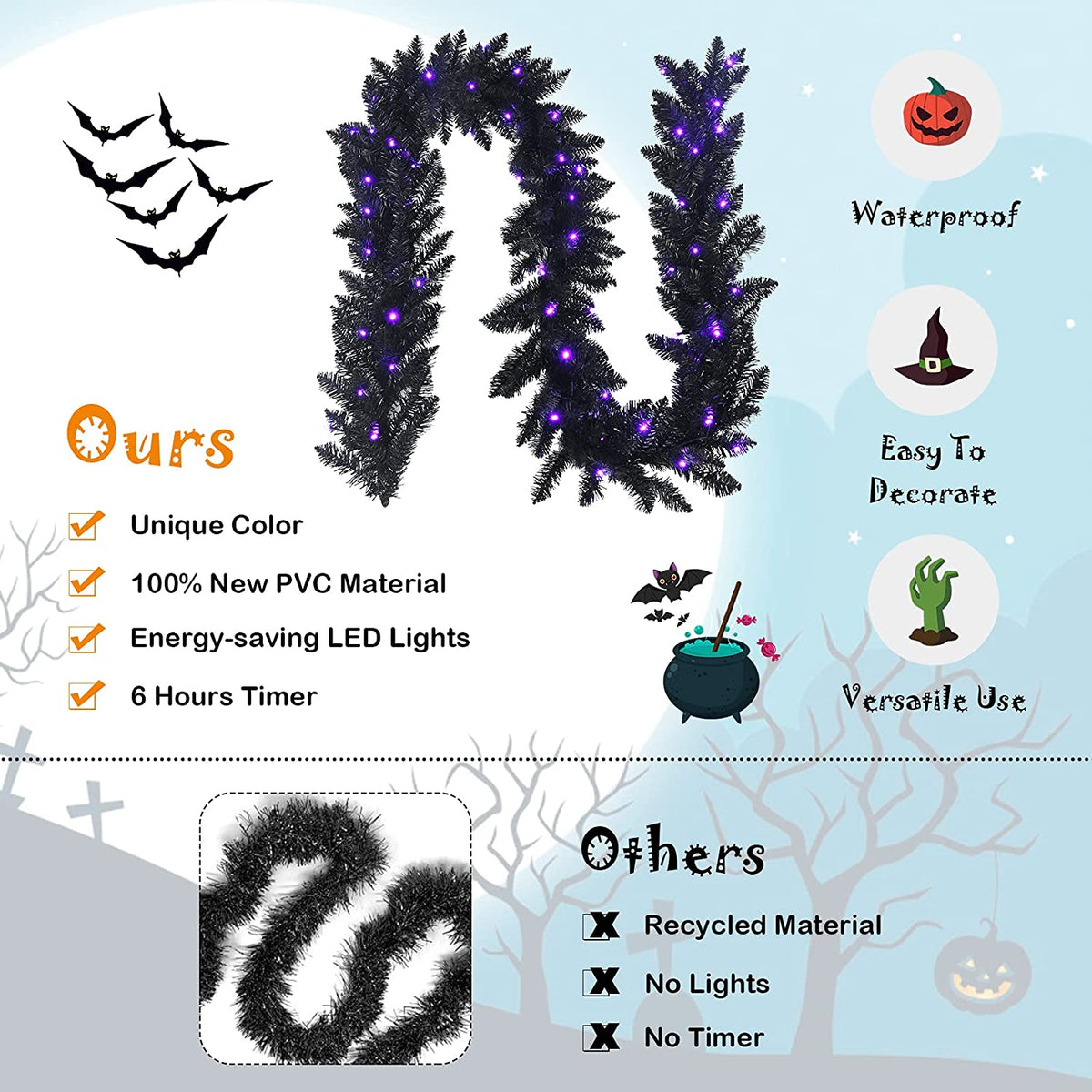 9FT Black Halloween Garland with Lights - GoflameUS