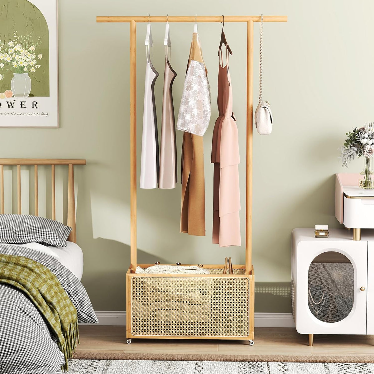 Goflame Bamboo Clothes Rack 2-In-1 Clothing Hanging Rail for Hallway Living Room Bedroom