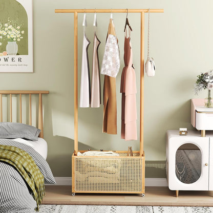 Goflame Bamboo Clothes Rack 2-In-1 Clothing Hanging Rail for Hallway Living Room Bedroom
