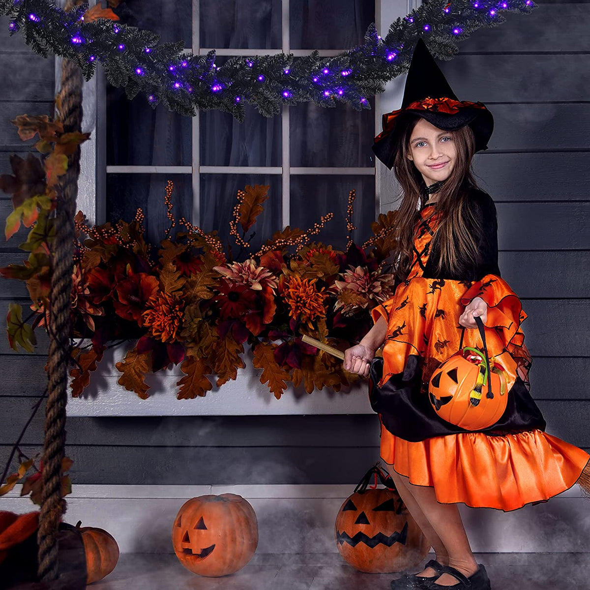 9FT Black Halloween Garland with Lights - GoflameUS