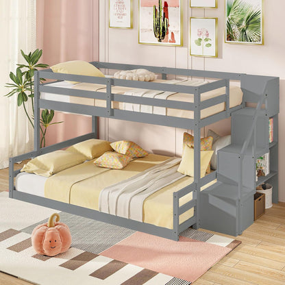 Goflame Bunk Bed with Stairs, Solid Wood Floor Bunk Bed with Storage Staircase & Full-Length Guardrails
