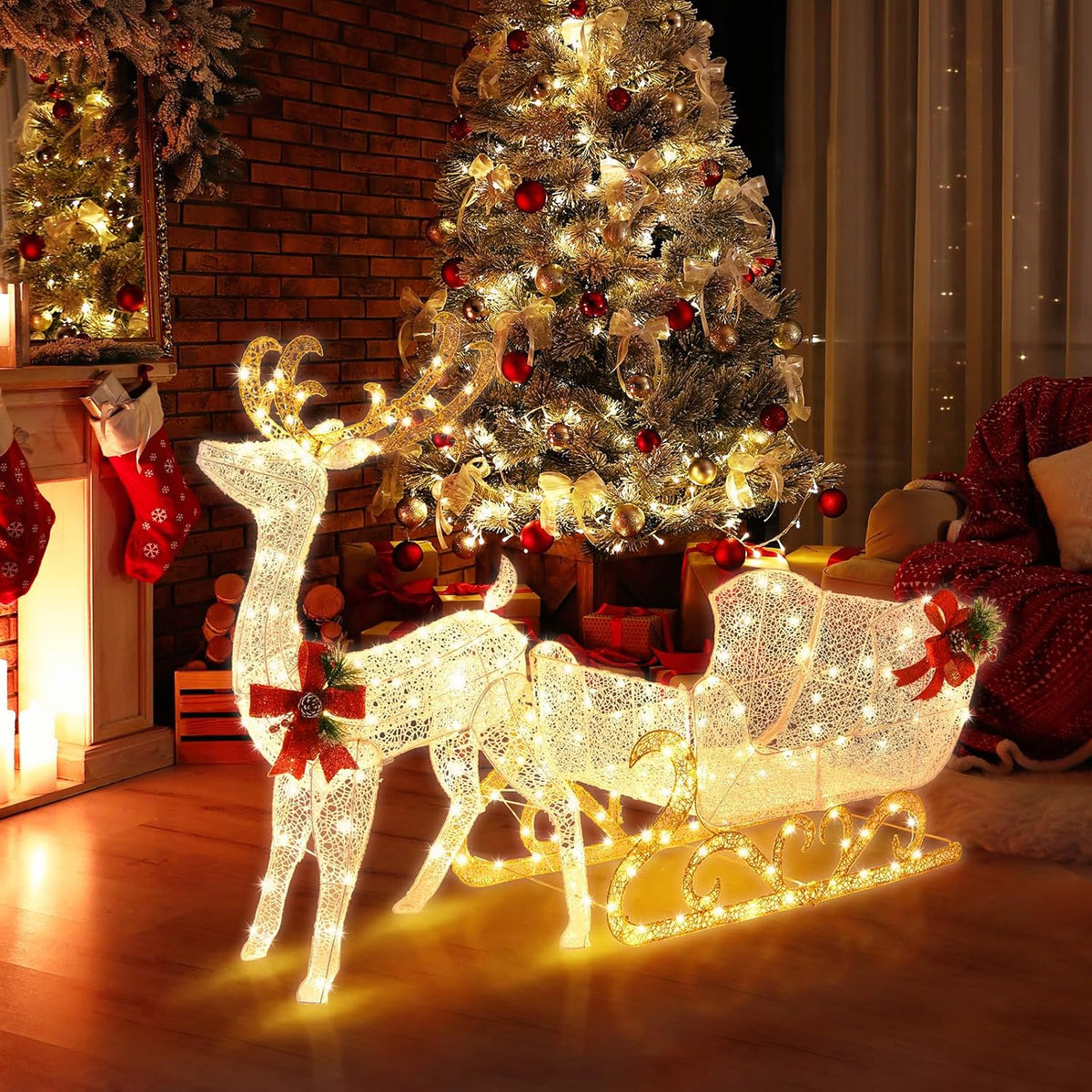 Goflame Lighted Christmas Reindeer and Sleigh w/ 215 LED Lights