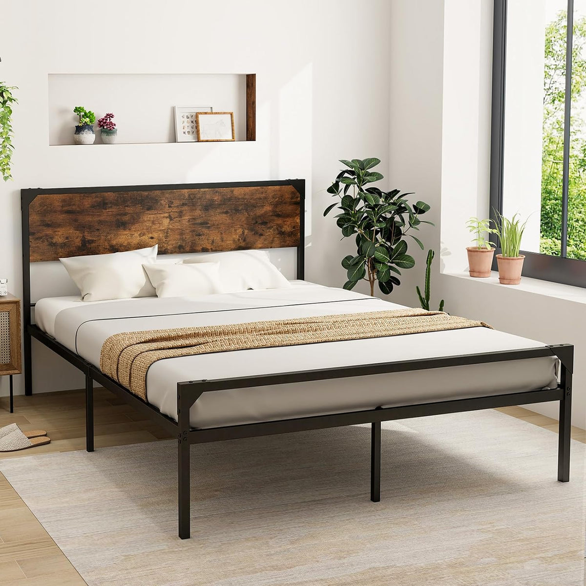 Goflame Full Size Bed Frame with Rustic Headboard & Footboard, Strong Metal Slat Support Mattress Foundation
