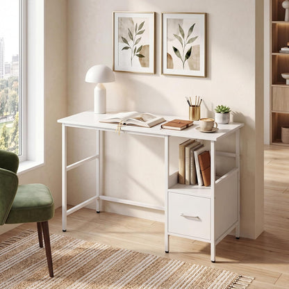 Goflame White Computer Desk, Writing Desk w/Open Shelf and Storage Drawer