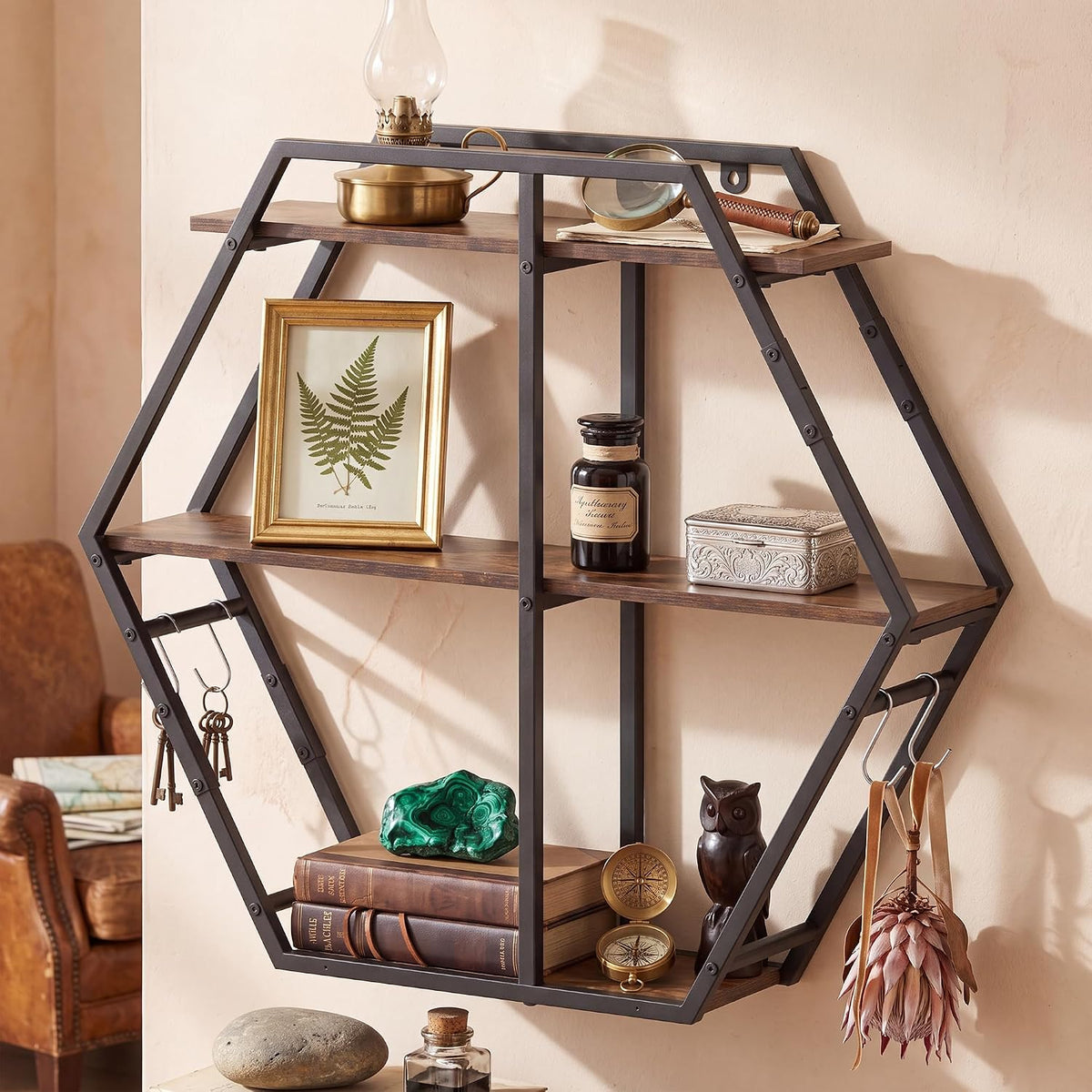 Goflame Industrial Hexagon Wall Shelf with 3-Tier Storage Shelves & 4 Hooks | Decorative Wall Display Rack Unit with Metal Frame