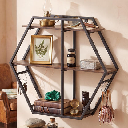 Goflame Industrial Hexagon Wall Shelf with 3-Tier Storage Shelves & 4 Hooks | Decorative Wall Display Rack Unit with Metal Frame