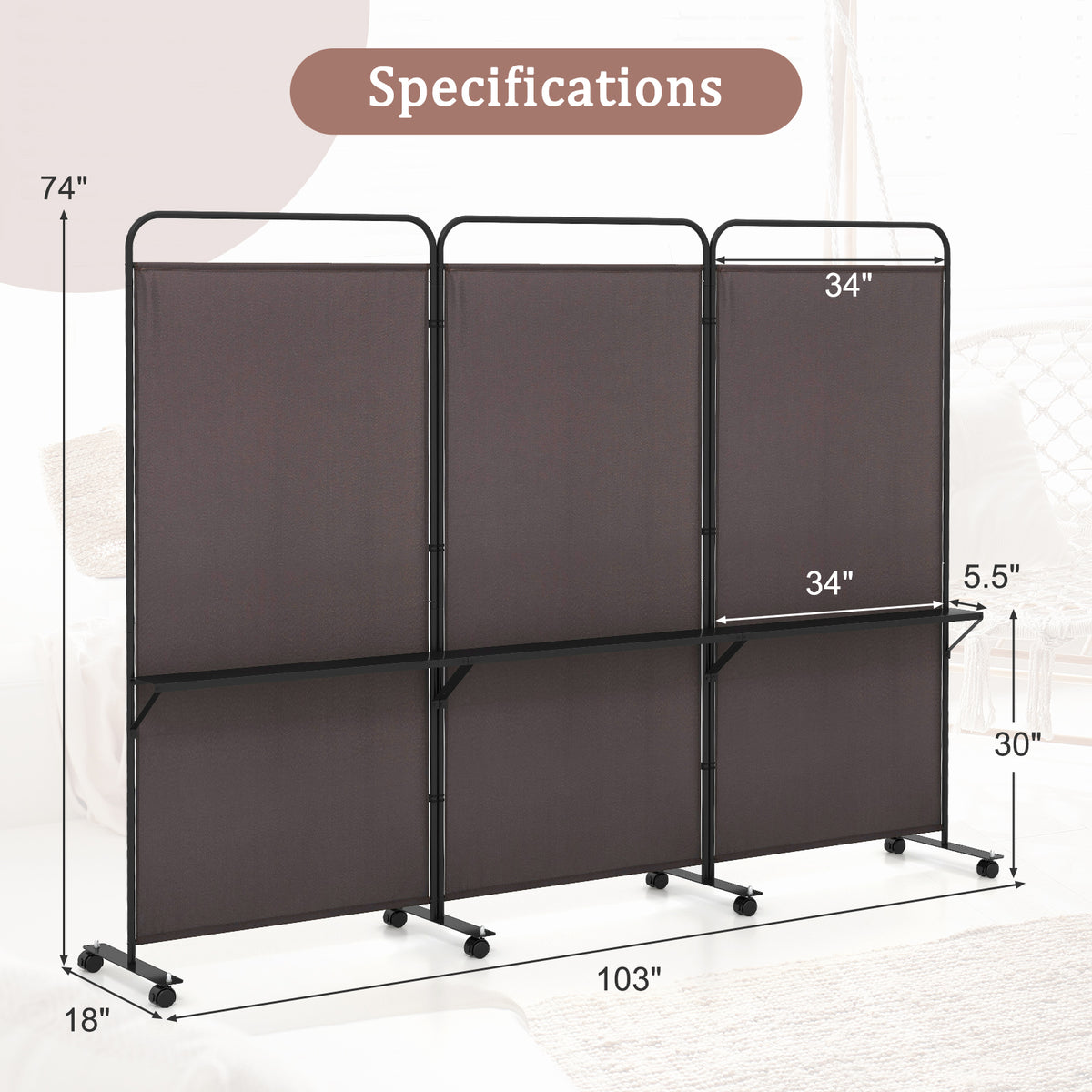 3 Panel Room Divider with Storage Shelves, 6FT Folding Privacy Screen with Lockable Wheels