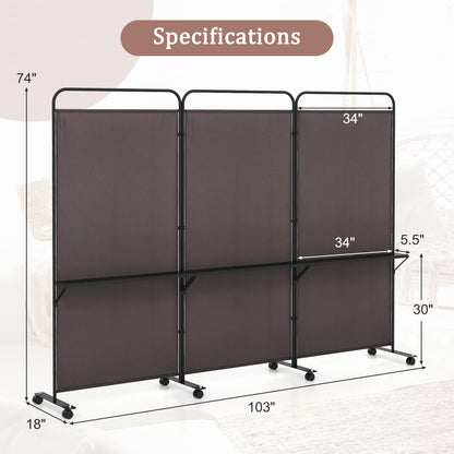 3 Panel Room Divider with Storage Shelves, 6FT Folding Privacy Screen with Lockable Wheels