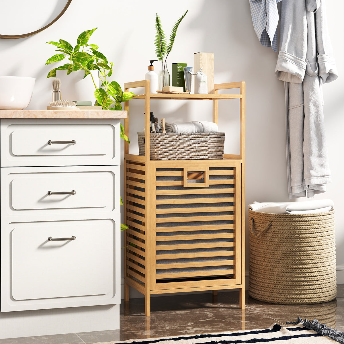 Tilt-out Laundry Hamper with 2-Tier Shelves, Bamboo Laundry Baskets Organizer with Removable & Foldable Fabric Liner