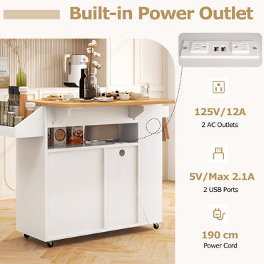 Kitchen Island Cart with Drop-Leaf & Power Outlet, Rolling Kitchen Cart on Wheels with Wine Rack