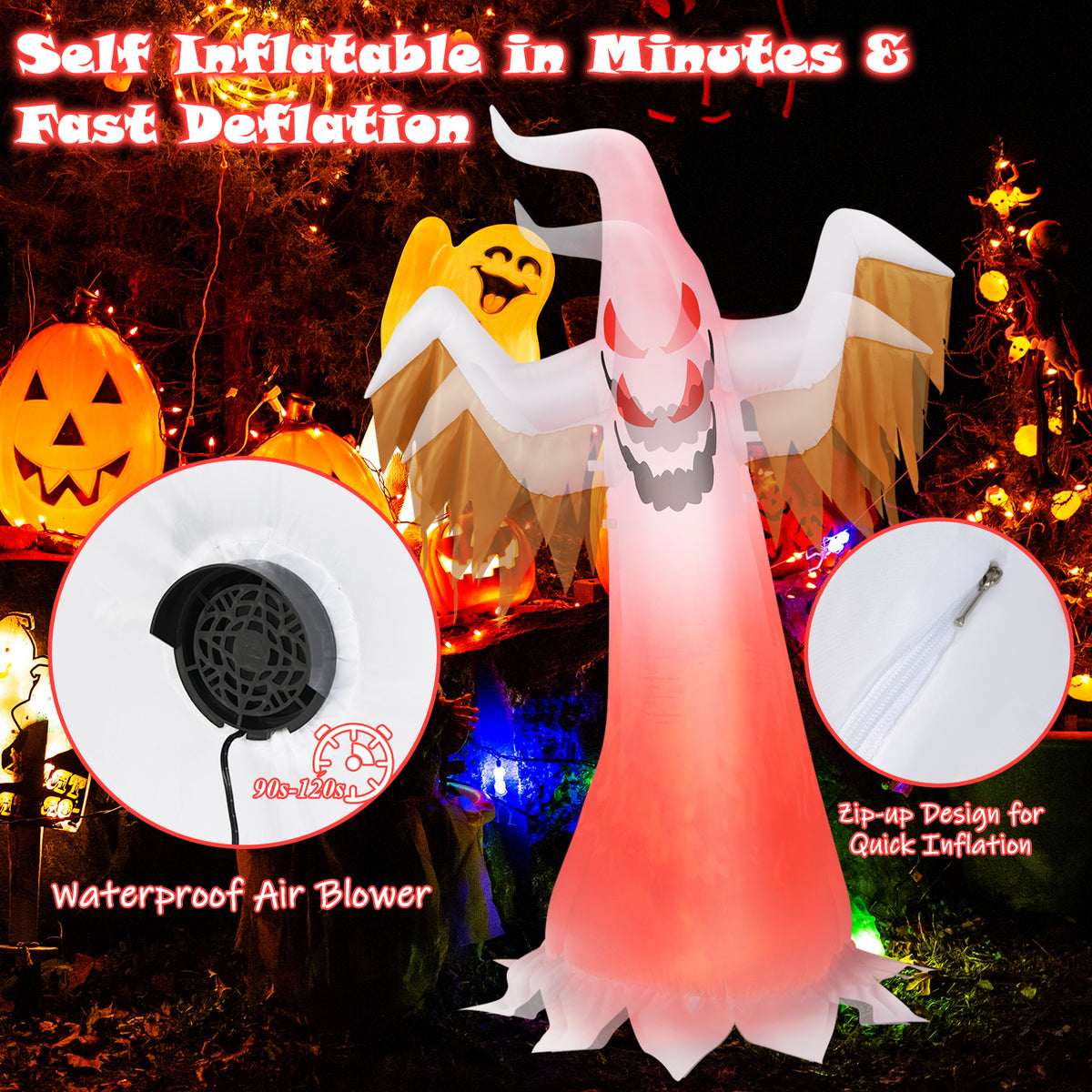 6FT Halloween Inflatable Scary Spooky Ghost, Blow Up Yard Decoration with Built-in Flame Light and Waterproof Blower