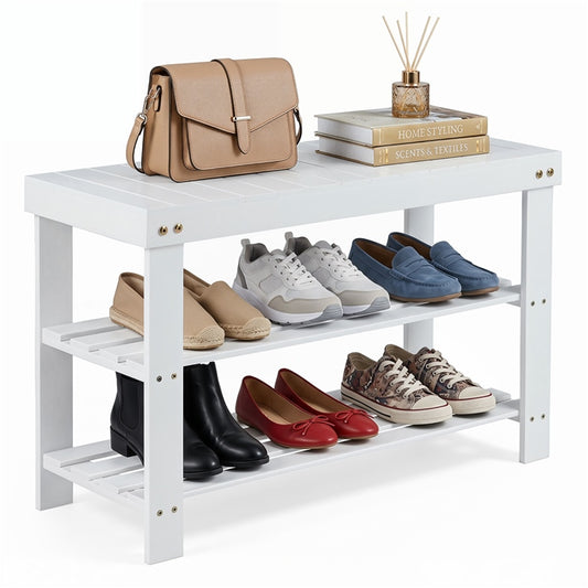 Shoe Bench Rack, 2-Tier Bamboo Seat Storage Shelf, Free Standing Shoe Storage Bench with Stylish and Modern Design