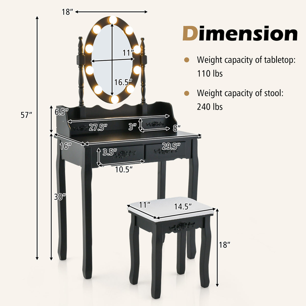 Vanity Table Set with Lighted Rotatable Mirror, Dressing Table with 3-Color Lights & Adjustable Brightness