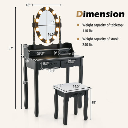 Vanity Table Set with Lighted Rotatable Mirror, Dressing Table with 3-Color Lights & Adjustable Brightness