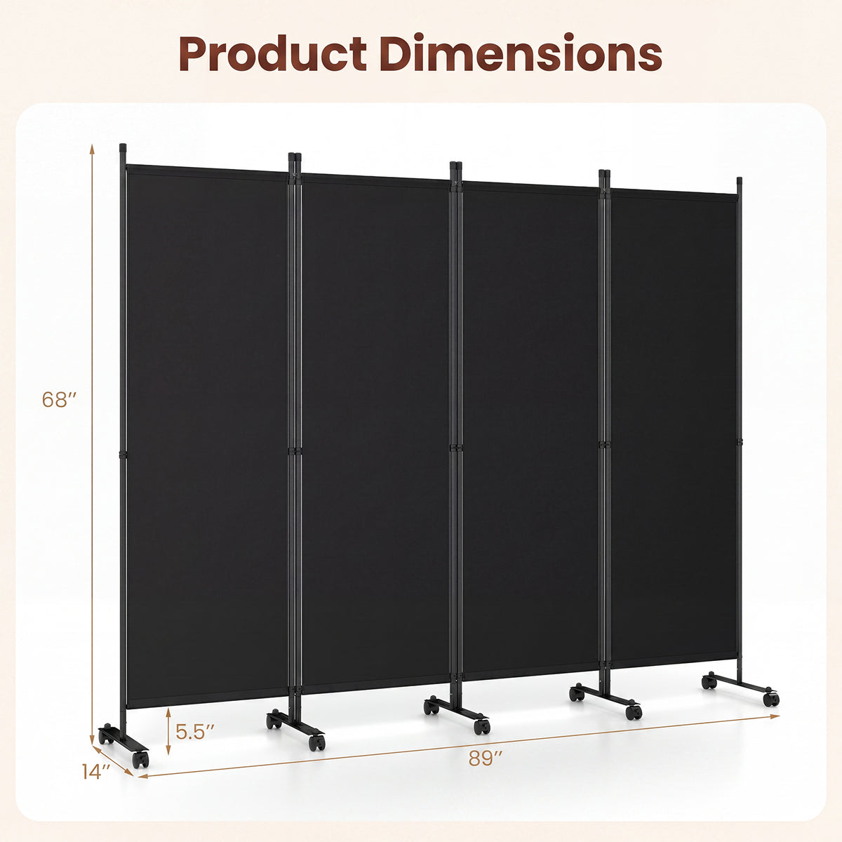 4 Panel Folding Room Divider, 6FT Rolling Privacy Screen with Lockable Wheels