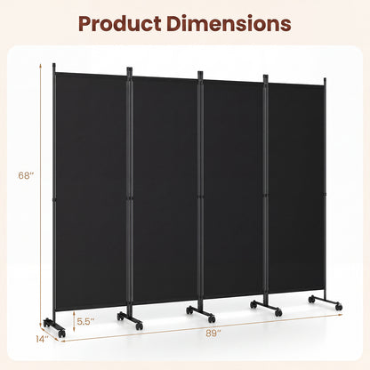 4 Panel Folding Room Divider, 6FT Rolling Privacy Screen with Lockable Wheels