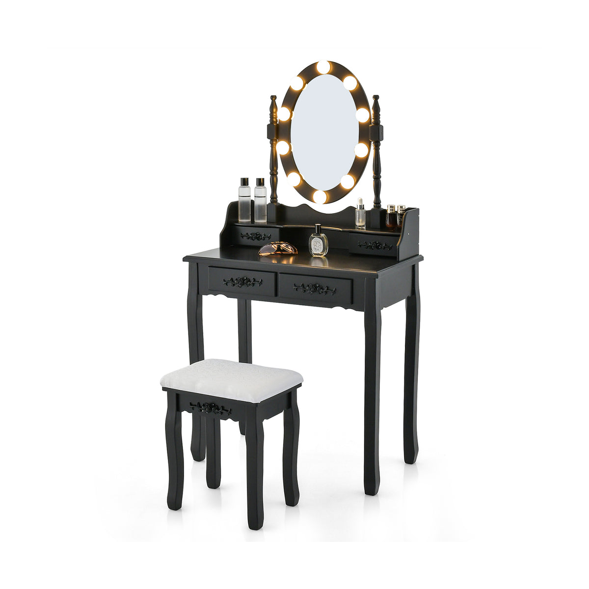 Vanity Table Set with Lighted Rotatable Mirror, Dressing Table with 3-Color Lights & Adjustable Brightness