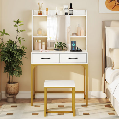 Vanity Desk Set with Charging Station, Modern Dressing Table with Mirror Cabinet