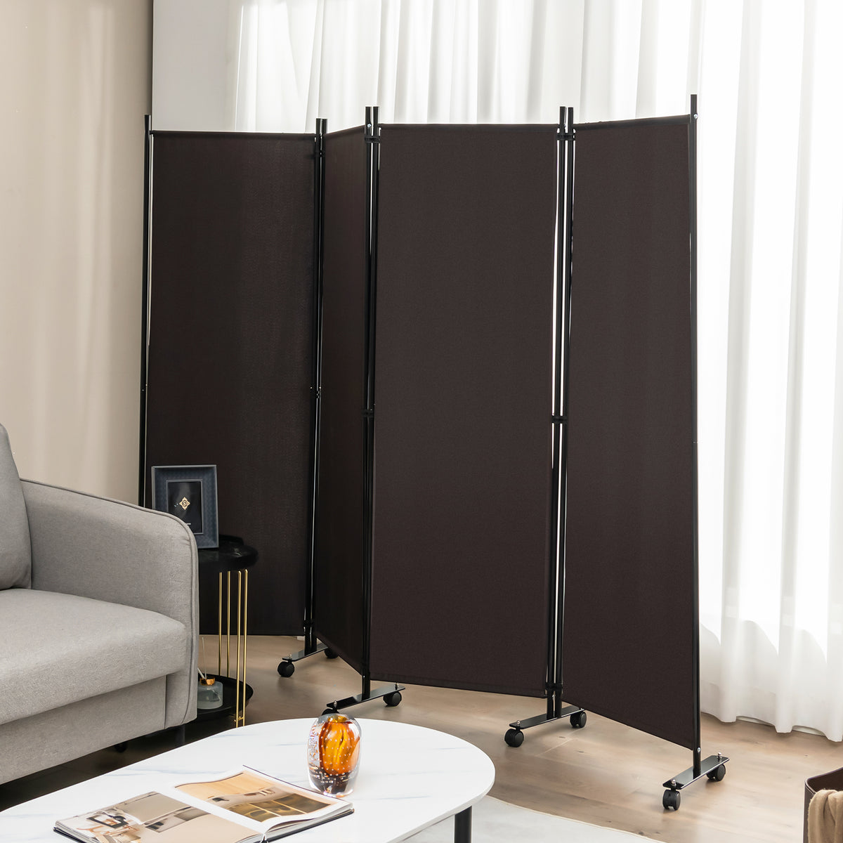 4 Panel Folding Room Divider, 6FT Rolling Privacy Screen with Lockable Wheels