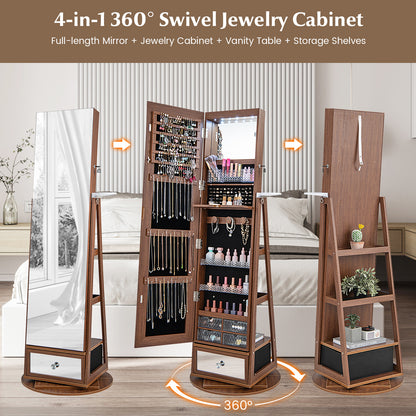 360 Rotating Jewelry Cabinet with Full Length Mirror, Standing LED Jewelry Armoire