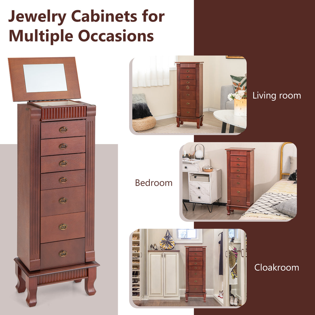 Jewelry Cabinet Armoire, Standing Jewelry Storage Organizer with Flip Top Makeup Mirror & 7 Drawers