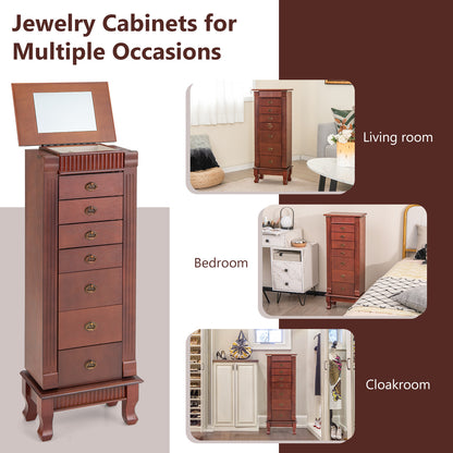 Jewelry Cabinet Armoire, Standing Jewelry Storage Organizer with Flip Top Makeup Mirror & 7 Drawers