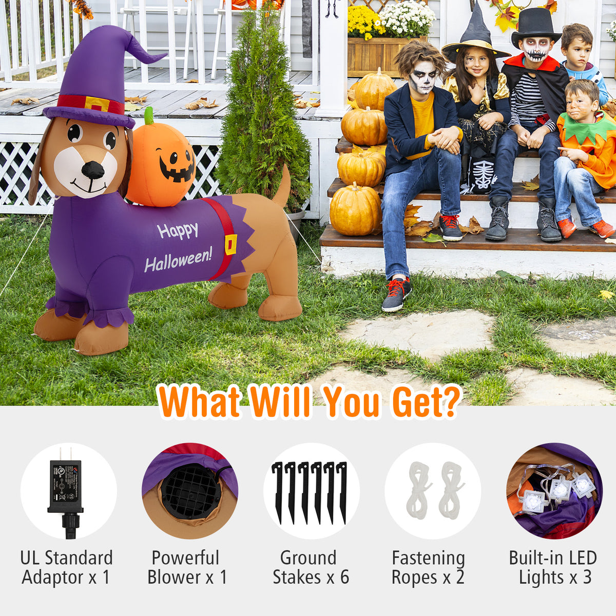 5FT Long Halloween Inflatable Dachshund, Blow Up Wiener Dog with Pumpkin & Witch Hat