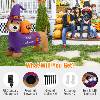 5FT Long Halloween Inflatable Dachshund, Blow Up Wiener Dog with Pumpkin & Witch Hat