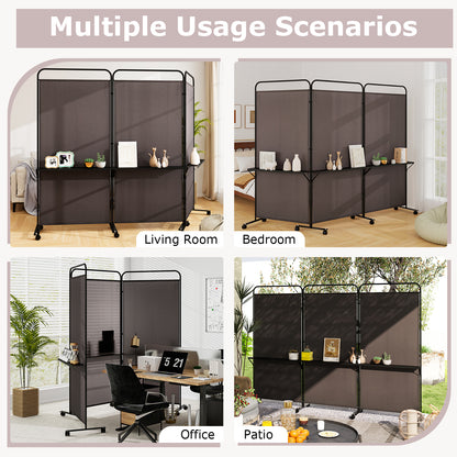3 Panel Room Divider with Storage Shelves, 6FT Folding Privacy Screen with Lockable Wheels