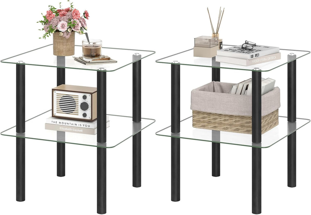 Goflame Round/Square 2-Tier Sofa Side Table with Clear Tempered Glass Top & Shelf (1/2)