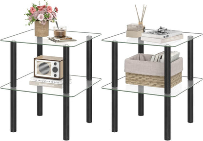 Goflame Round/Square 2-Tier Sofa Side Table with Clear Tempered Glass Top & Shelf (1/2)