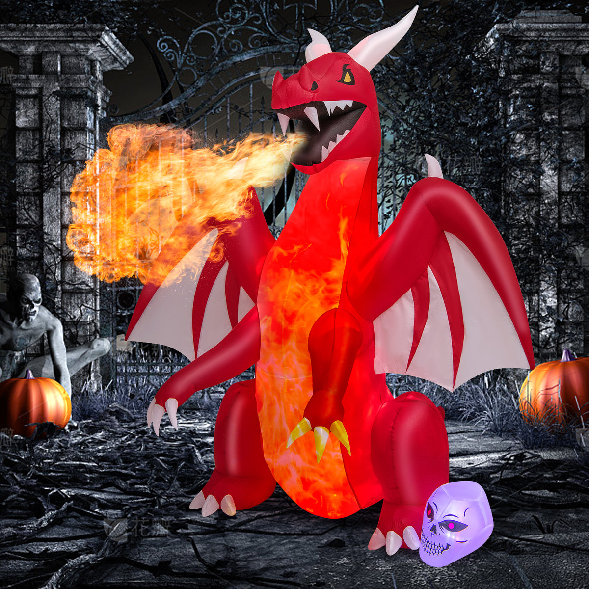 8 FT Halloween Inflatable Fire Dragon, Flash Blow up Lighted Inflatables with Multi-Color Skull