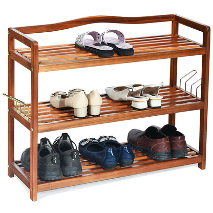 Goflame 3-Tier Wood Shoe Rack 4 Metal Side Hangers, 29"L x10.5"Wx 24.5"H
