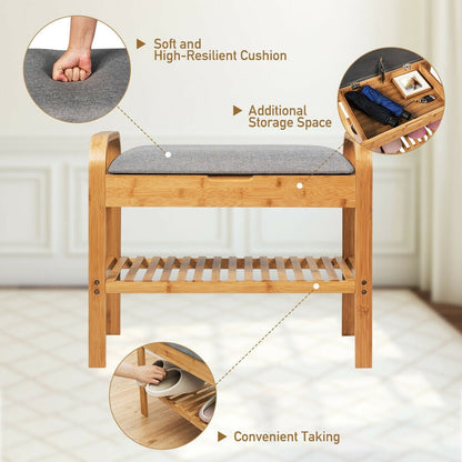 Goflame Shoe Rack Bench with Storage, Bamboo Storage Bench with Cushioned Seat, Holds Up to 330 LBS